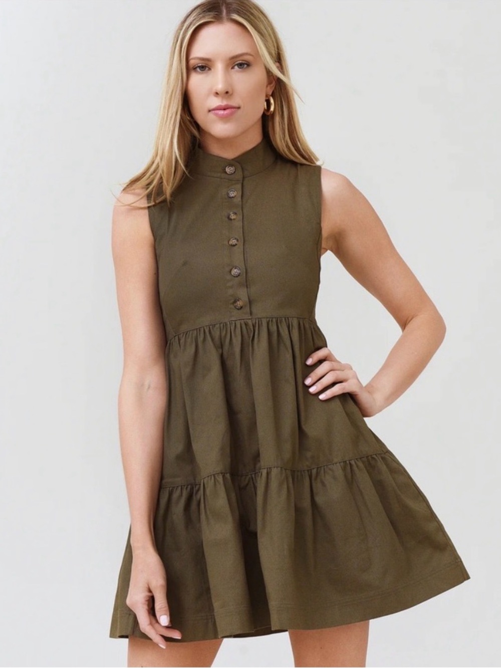 Hunter Bell Sleeveless Tiered Dress in Olive Green